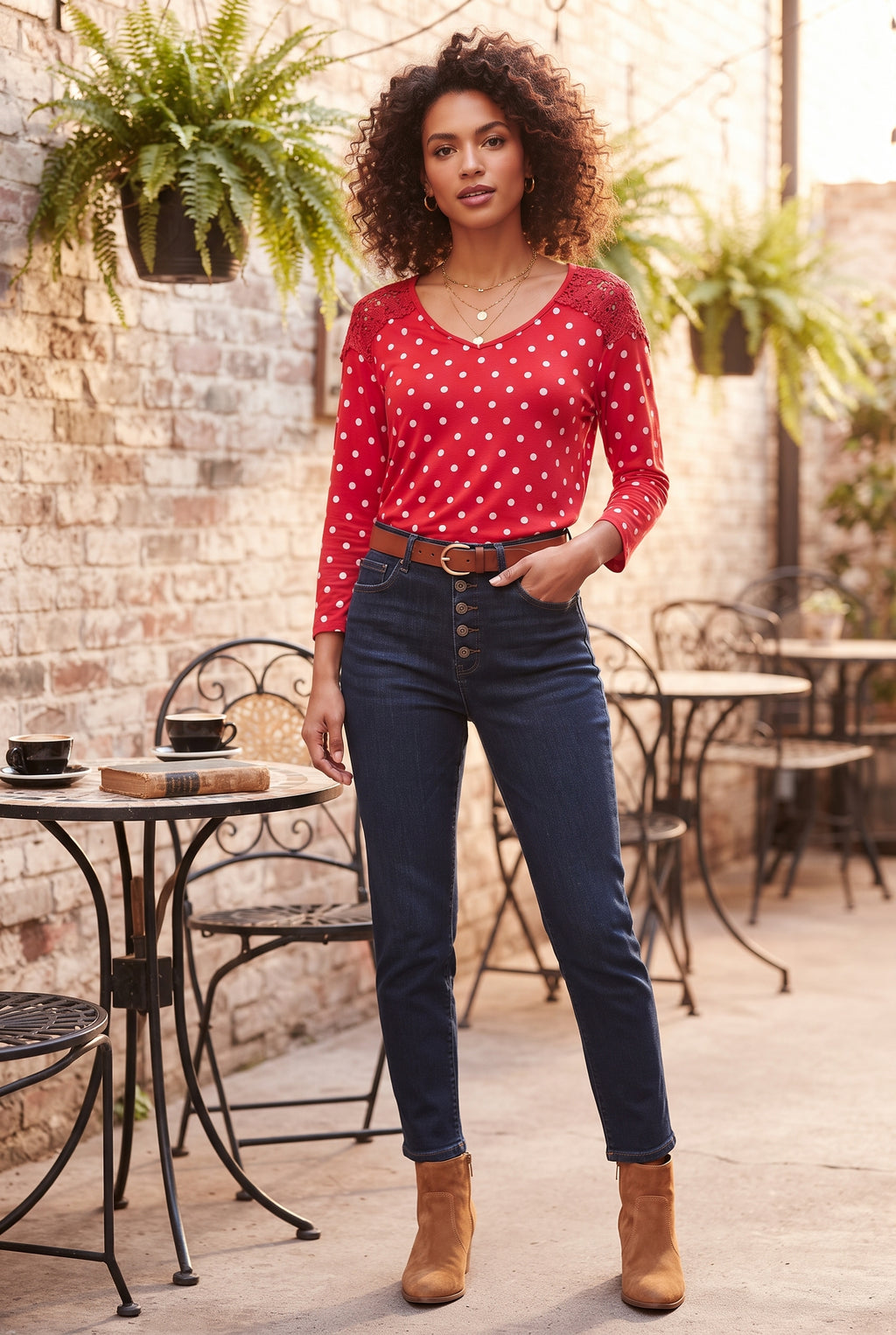 Woolworths Red & White Polka Dot Blouse with Crochet Lace Detail – Size Medium