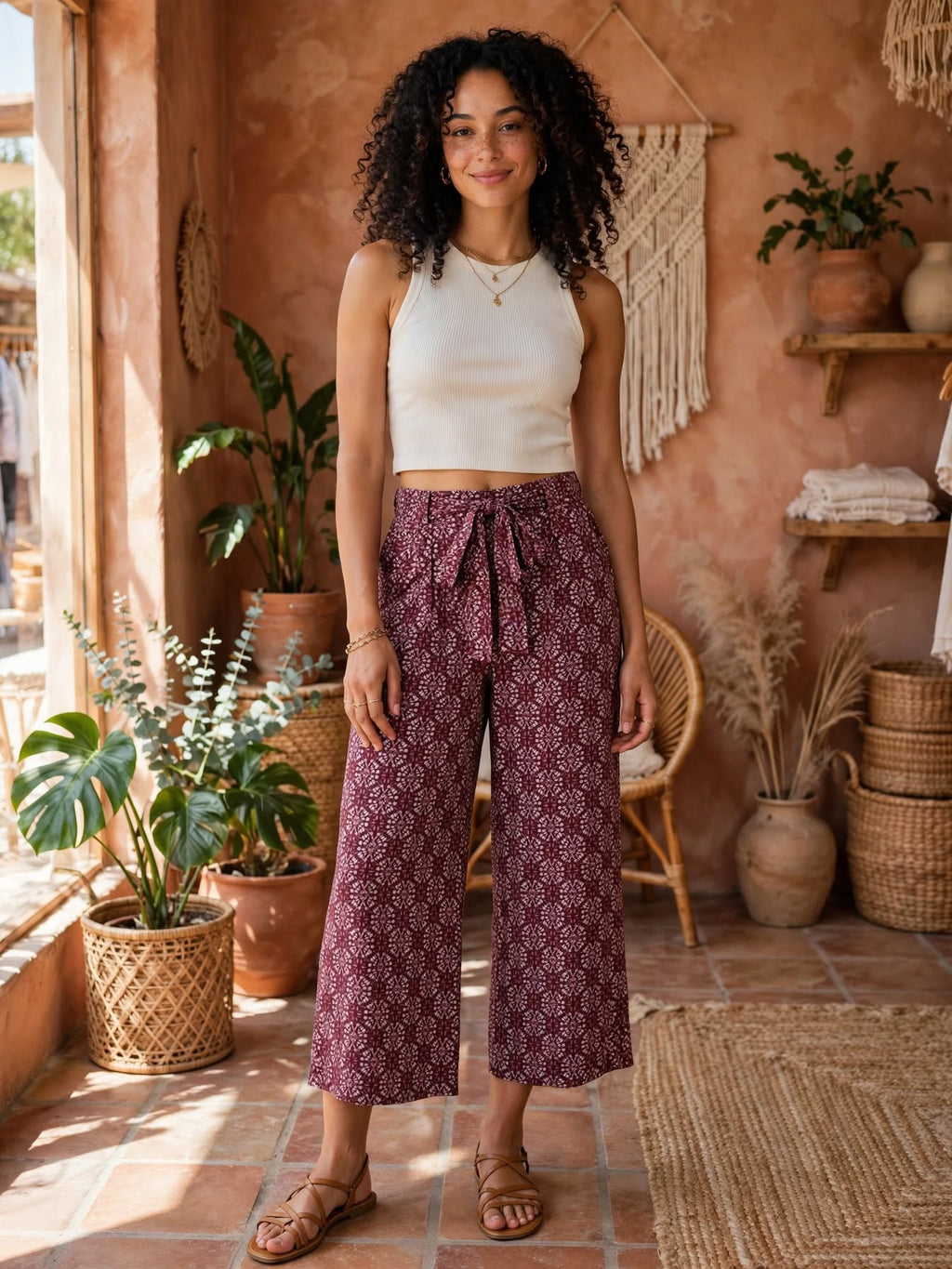 Ackermans Tango Burgundy Floral Wide-Leg Tie-Waist Culottes Pants - Size 38