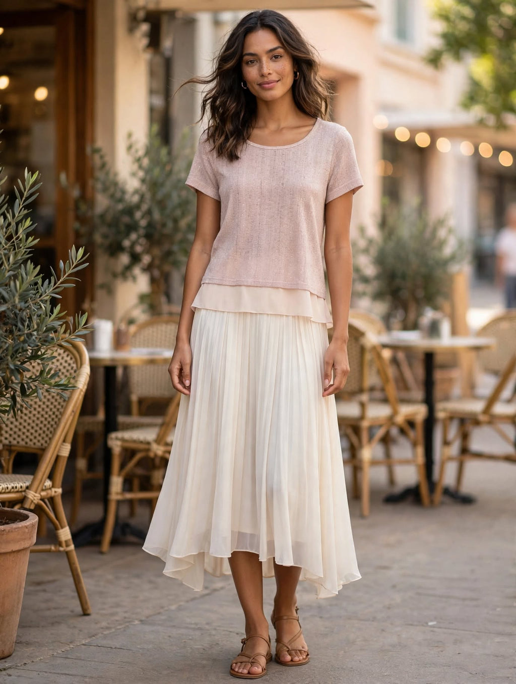 Rage 4 Me Blush Pink Sparkle Knit Top with High-Low Chiffon Ruffle Hem - Size Medium