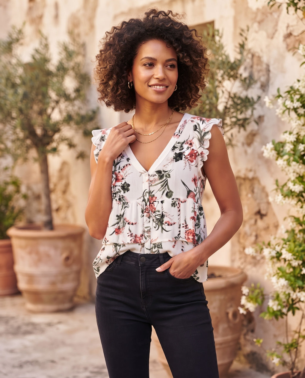 REAL Woman White Floral Sleeveless V-Neck Tiered Ruffle Blouse - Size XS