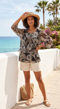 Black and Neutral Beige Palm Leaf Print Chiffon Blouse – Size XL