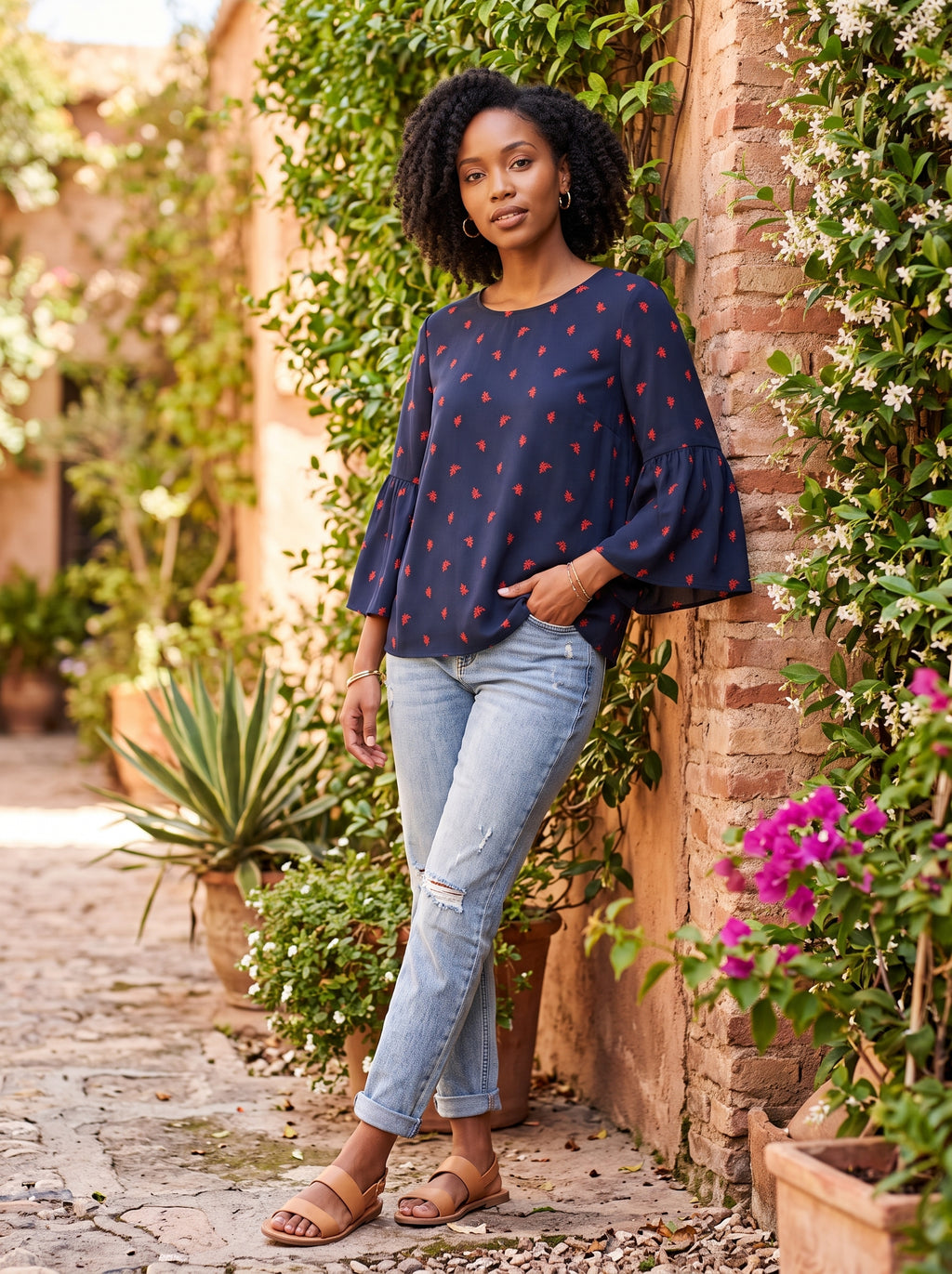 Navy Floral Bell-Sleeve Blouse – Size Large