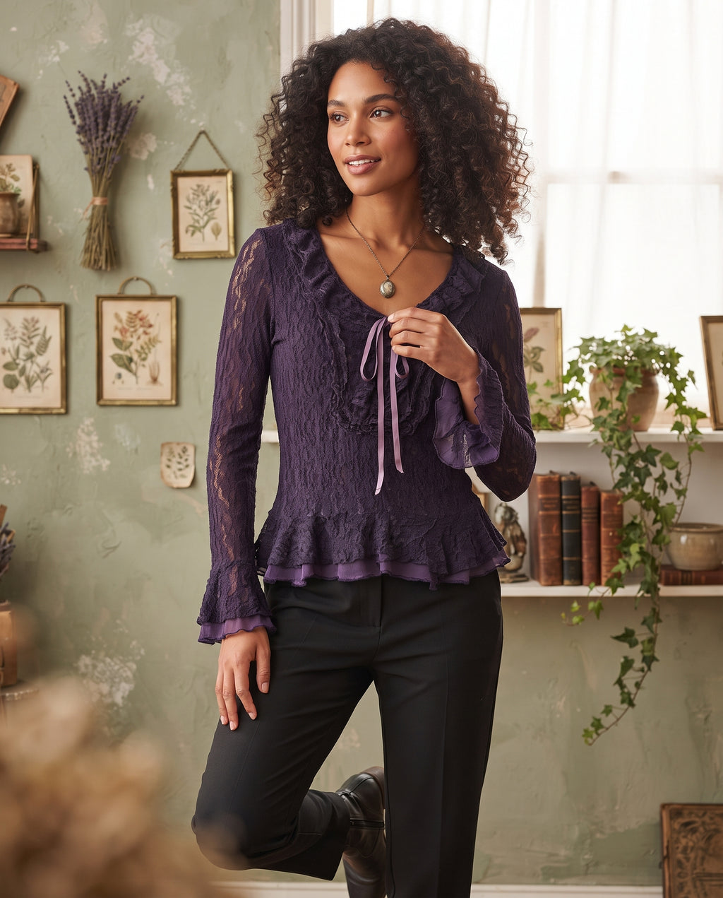 Purple Lace Ruffled Long-Sleeve Blouse – Size Small