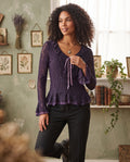 Purple Lace Ruffled Long-Sleeve Blouse – Size Small