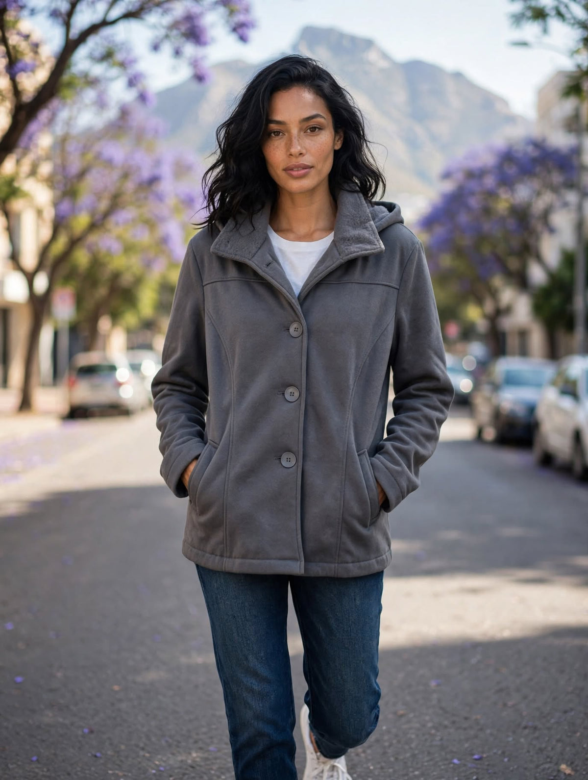 Grey Hooded Button-Up Fleece Jacket – Size 40