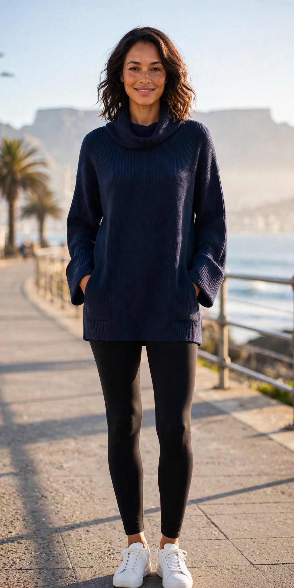 Hayley Joy Navy Cowl Neck Ribbed Tunic with Pockets - Size Large