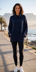 Hayley Joy Navy Cowl Neck Ribbed Tunic with Pockets - Size Large