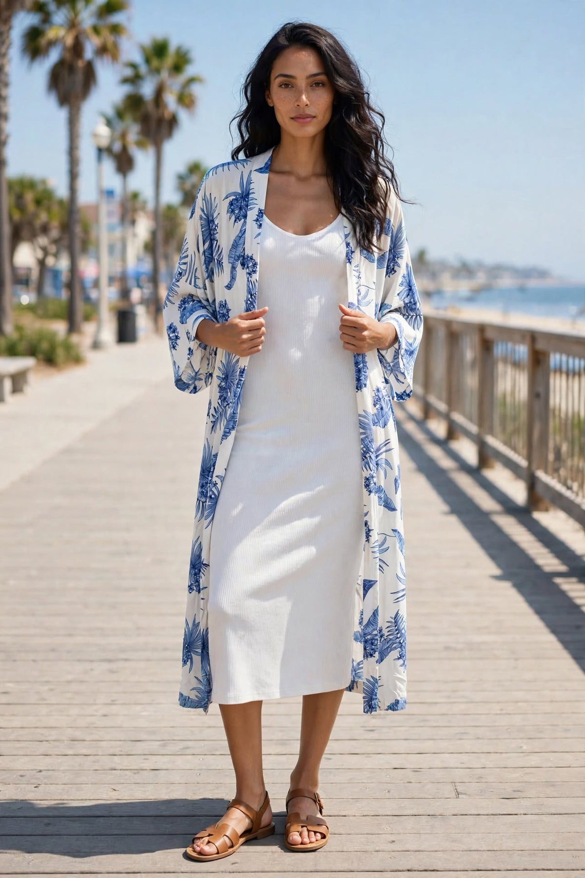 REAL Woman White & Blue Tropical Long Kimono Throwover - Size 2XL