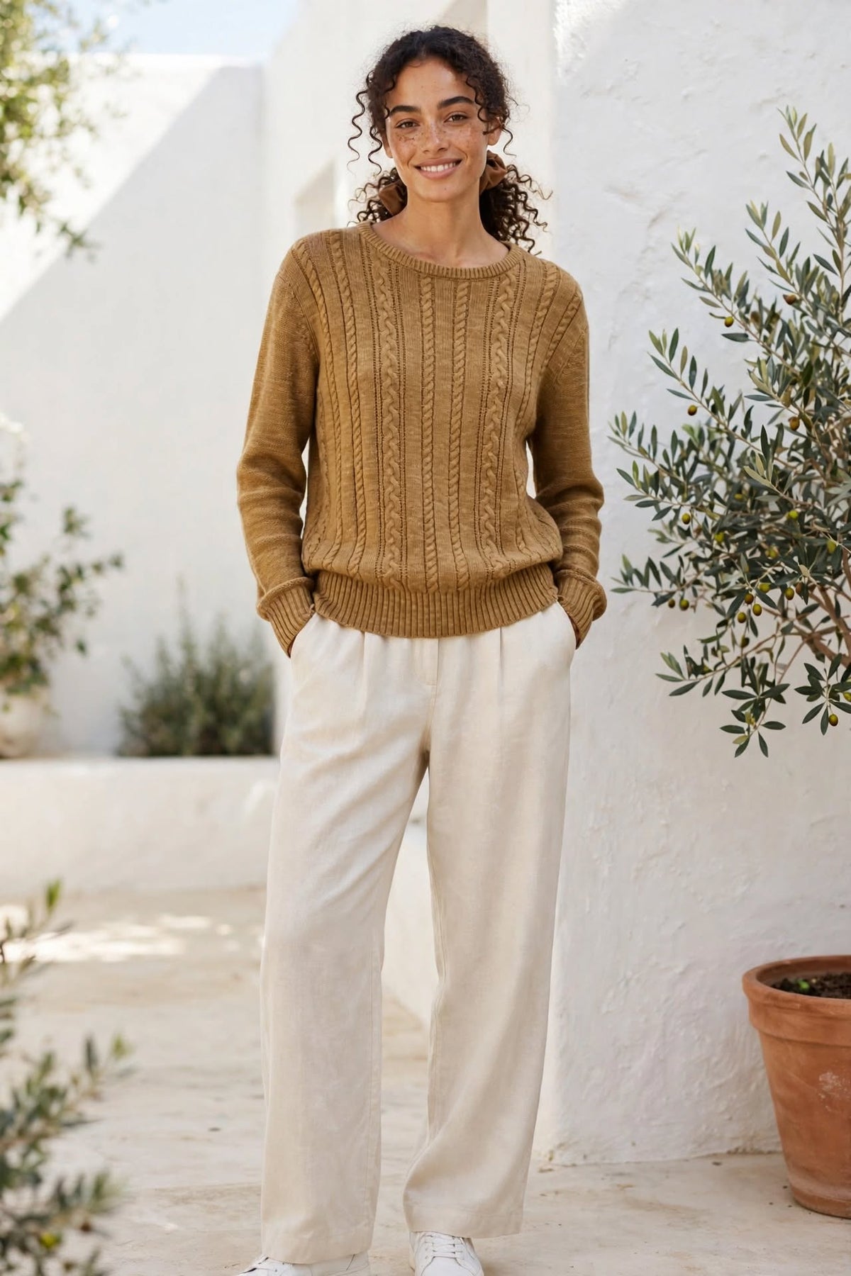 Premium Collection Camel Cable-Knit Jersey - Size Large
