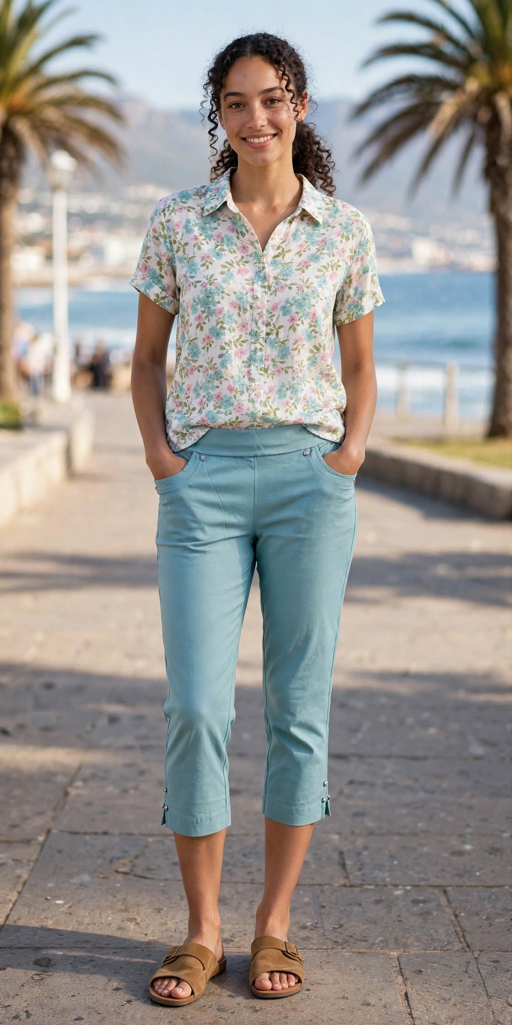 Dusty Aqua Blue 3/4 Capri Crop Pants with Silver Stud Detail - Size 2XL