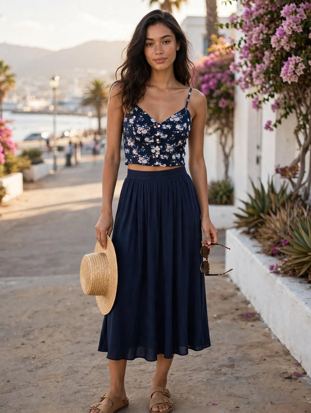 Cherokee Navy Floral Smocked Crop Cami - Size Medium