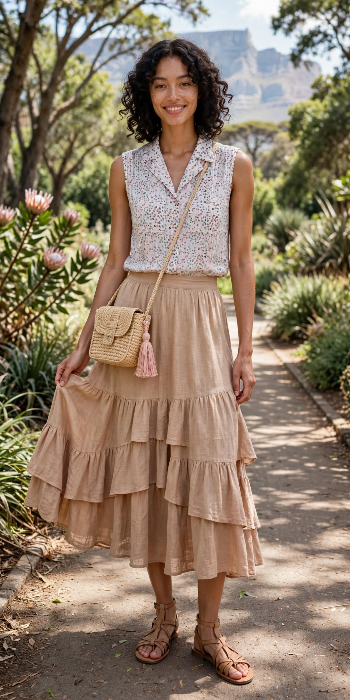 White with Dusty Pink & Black Daisy Sleeveless Ditsy Floral Blouse