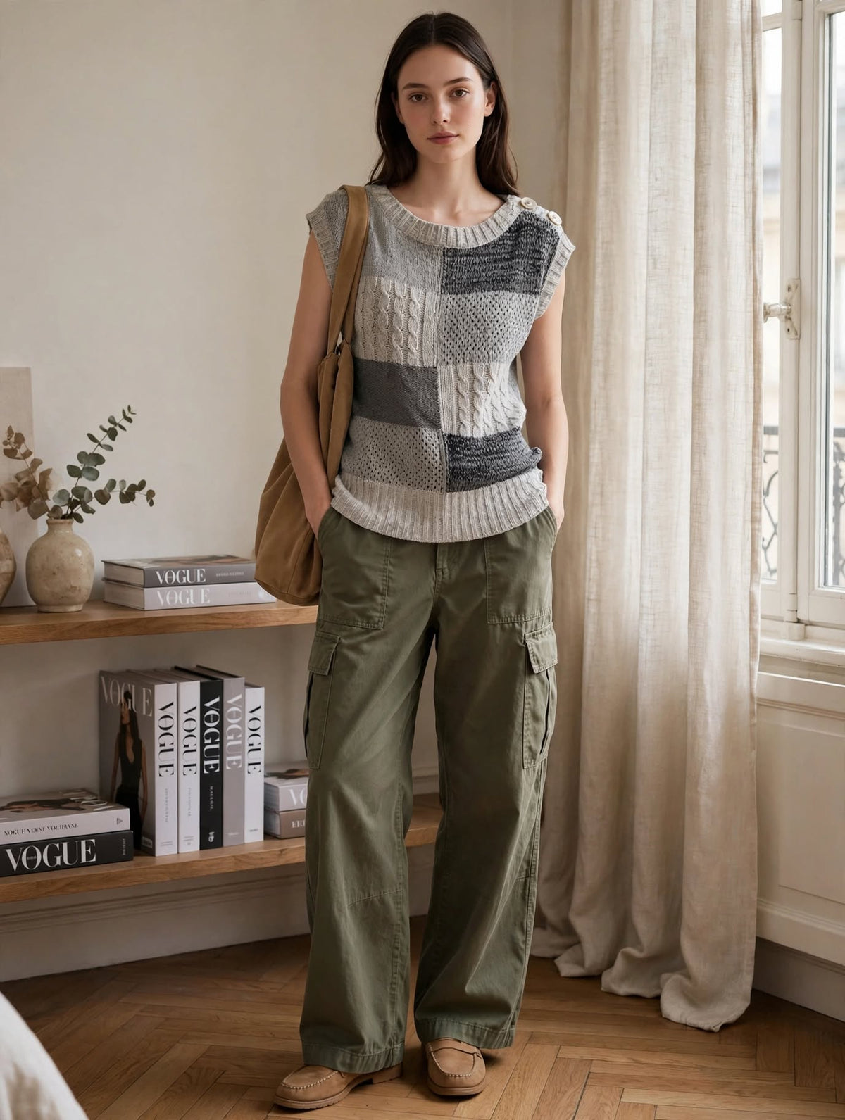 Judy's Pride Checkered Grey Patchwork Sleeveless Pullover Vest - Size Large