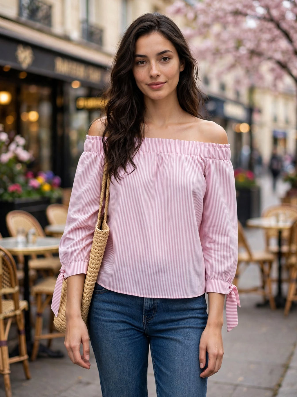 Jet Stores Fix Pink and White Striped Off-The-Shoulder Blouse - Size 12