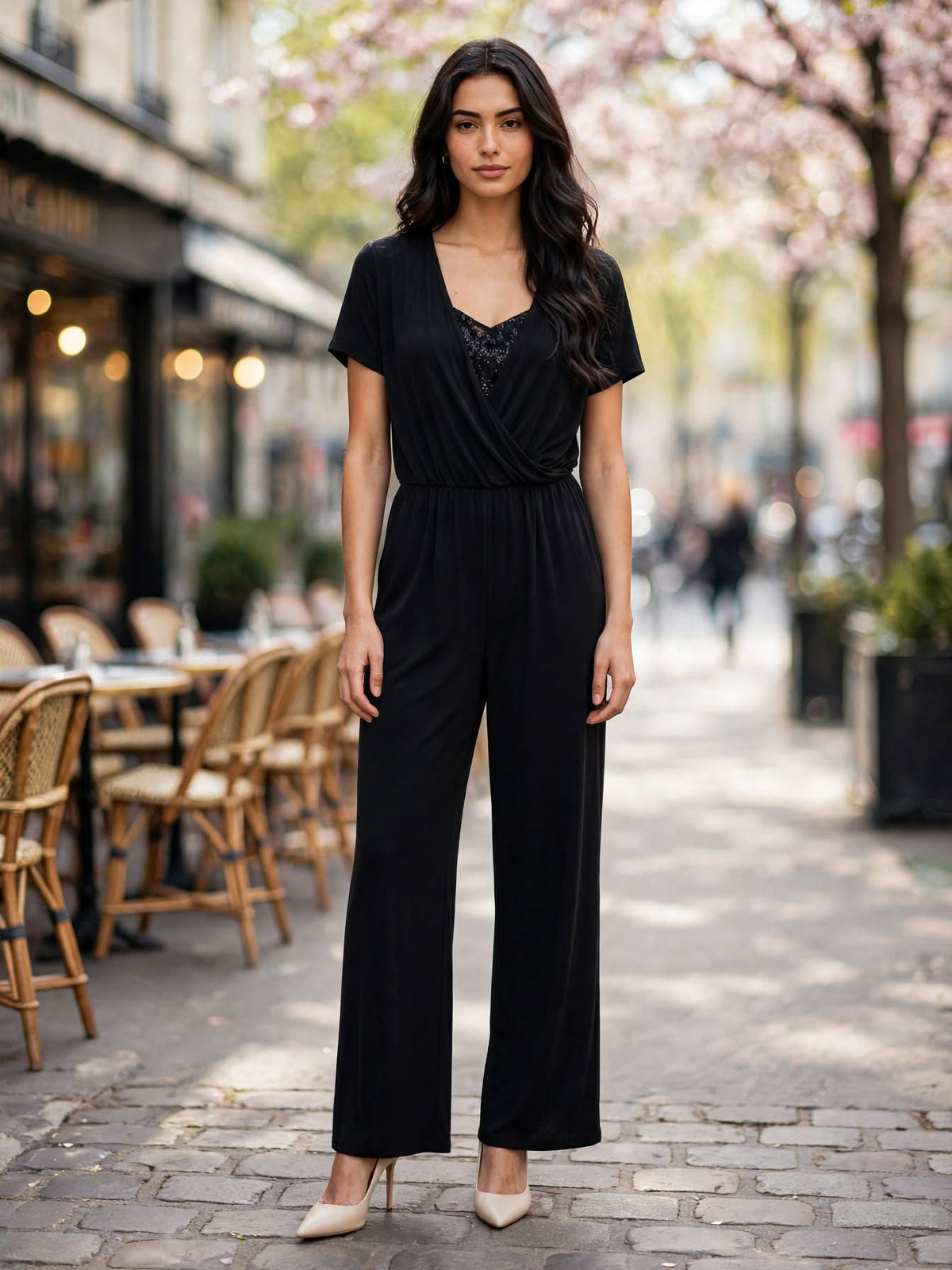 Donna Claire Black Sequin Shimmer Wrap Jumpsuit - Size 18