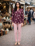Cherokee Deep Burgundy Floral Cotton Blouse - Size Large