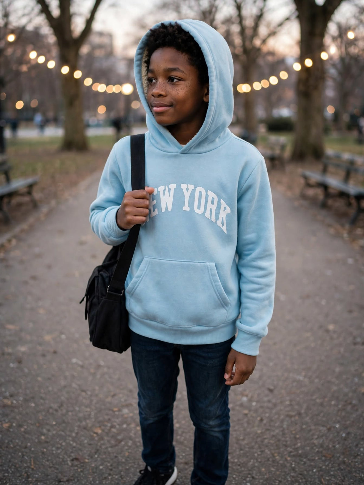 Boys Light Blue "NEW YORK" Hoodie - Fleece Lined Pullover - Size 11 to 12 Years