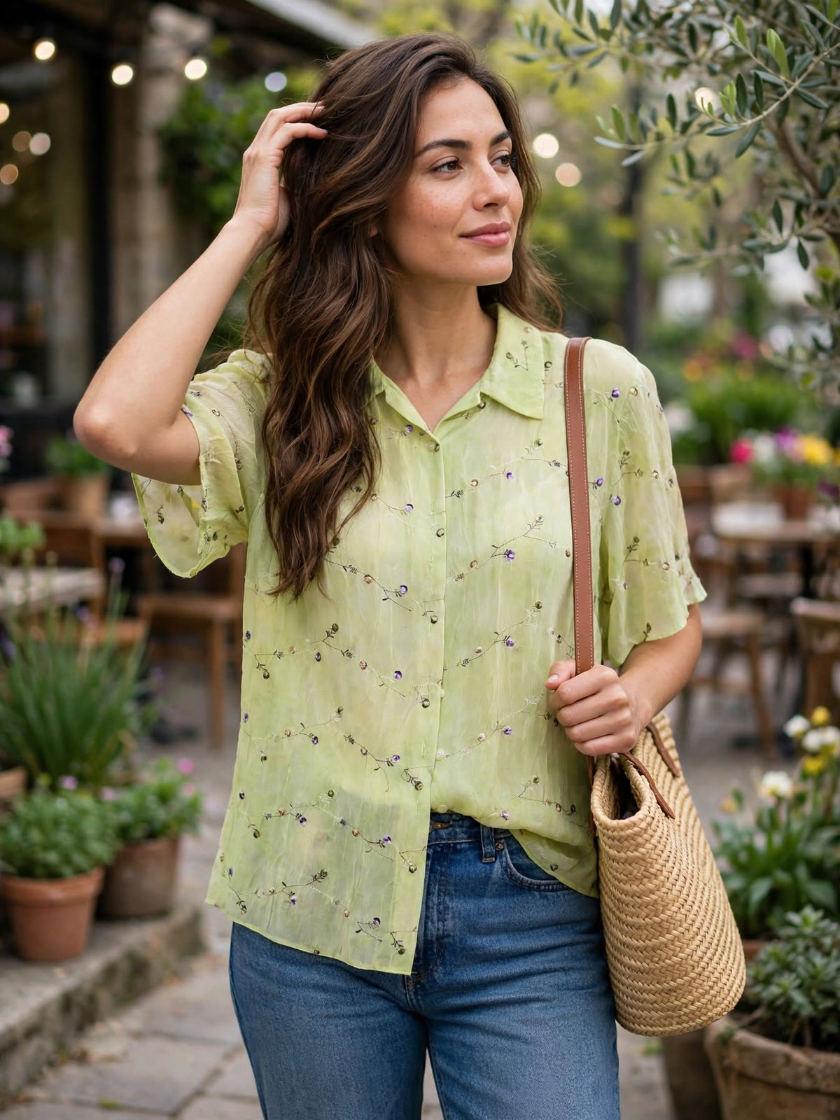 ML Classics Pale Lime Crinkle Sheer Embroidered Blouse with Sequin Vines - Size 40
