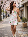 White Pink Floral TSpaghetti Strap Ruffle Dress - Size XL