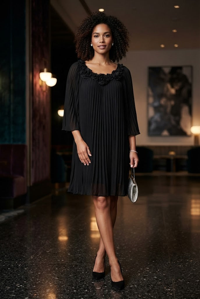 Queenspark Elegant Black Pleated Rose-Detail Dress – Size 48