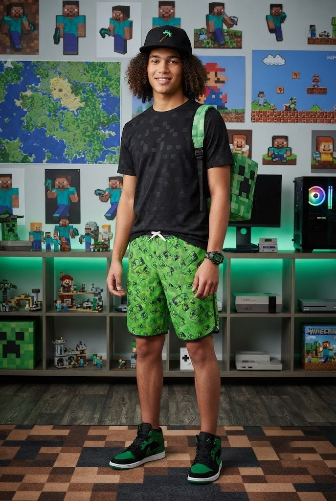 Pre-Loved Minecraft Green Character Print Board Shorts – Men’s Size Large