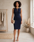 Elegant City Goddess Navy Sleeveless Bodycon Midi Cocktail Dress - Size 36
