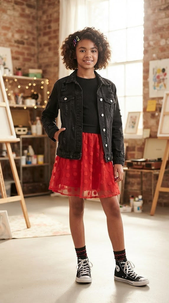 Vibrant Red Polka-Dot Tulle Party Skirt – Girls' Size 13-14 Years (Pre-Loved)
