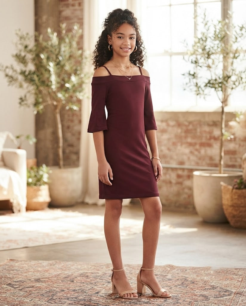 "Girls Just Want To Have Fun" Off-The-Shoulder Burgundy Dress – Size 13-14