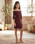 "Girls Just Want To Have Fun" Off-The-Shoulder Burgundy Dress – Size 13-14