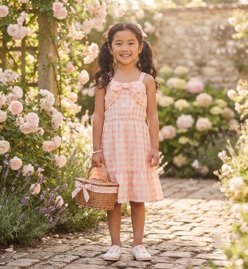 REAL Kids Size 9-10 Girls Peach Gingham Bow-Detail Dress