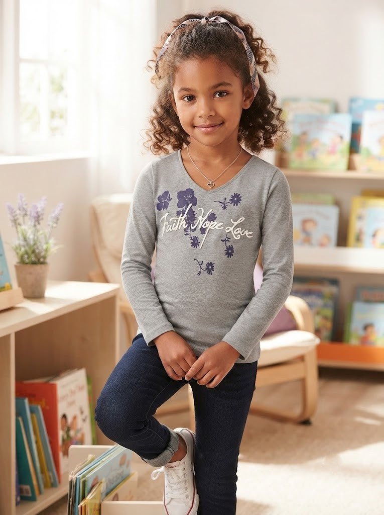 Girls' Long Sleeve "Faith Hope Love" Graphic Tee – Size 7-8 Years (Excellent Condition)