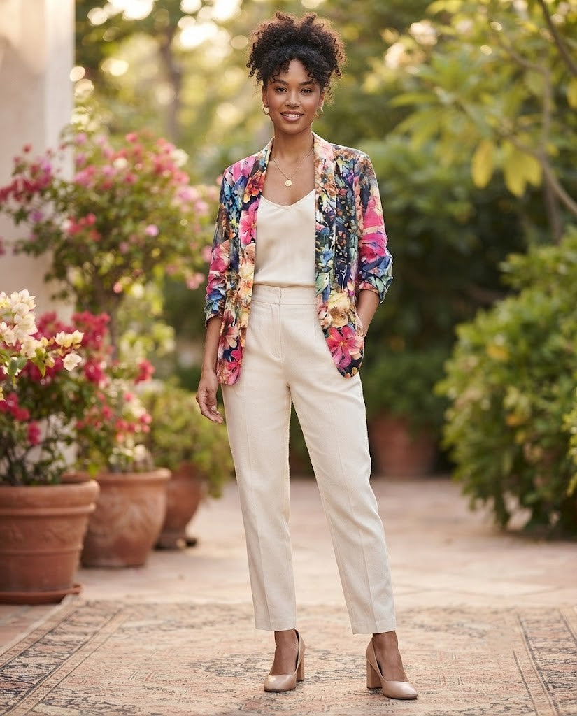 Vibrant Floral Print Ruched-Sleeve Blazer – Size Small
