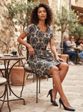 Elegant Damask Print V-Neck Shift Dress – Neutral & Black, Size 36