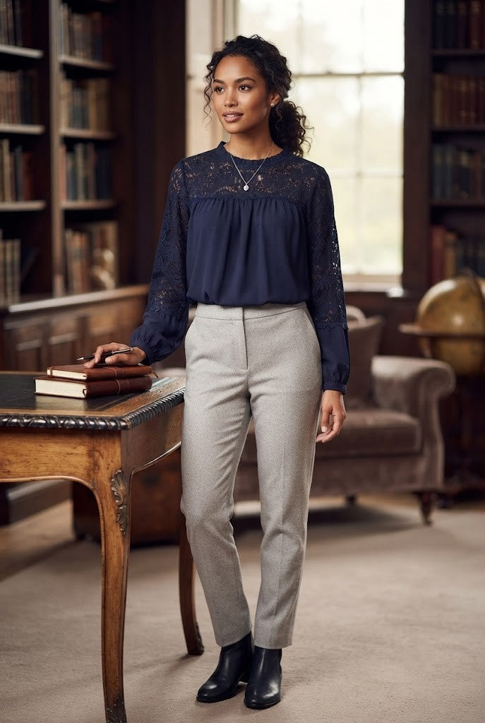Donna Claire Navy Lace-Trimmed Blouse – Elegant Long Sleeve Top, Size 52
