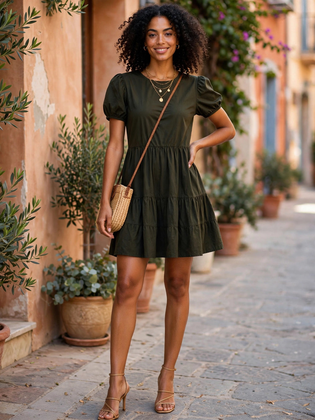 Women's Olive Tiered Babydoll Inwear Mini Dress - Size 32
