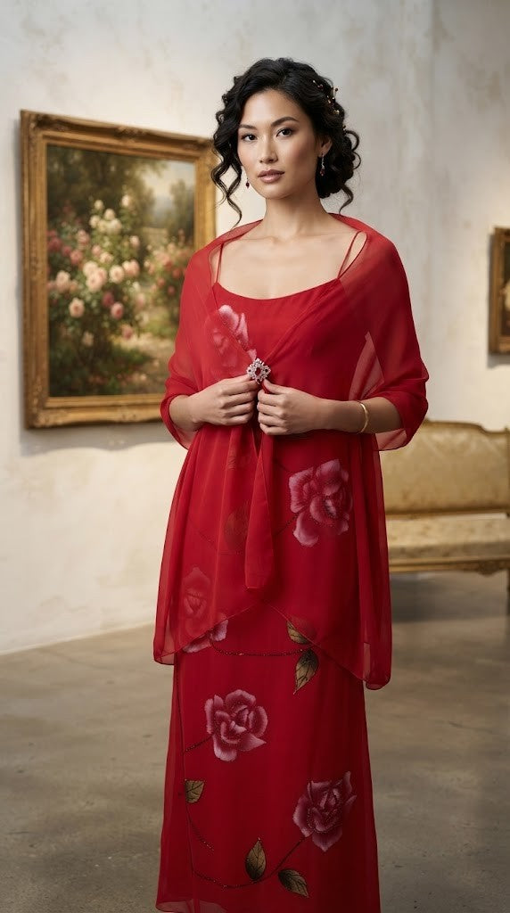 Elegant Hand-Painted Rose Floral Maxi Dress with Matching Shawl - Size M