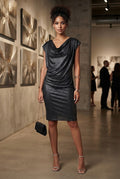 Elegant Shimmer Cowl-Neck Midi Dress – Size Medium