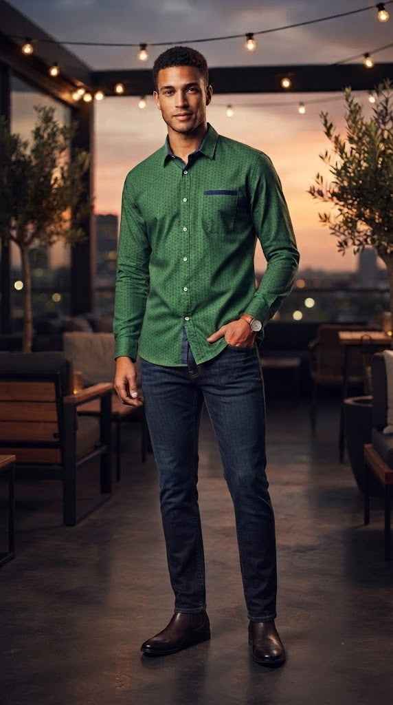 Oakridge Men's 100% Cotton Long-Sleeve Shirt - Green Geometric Pattern - Size XL