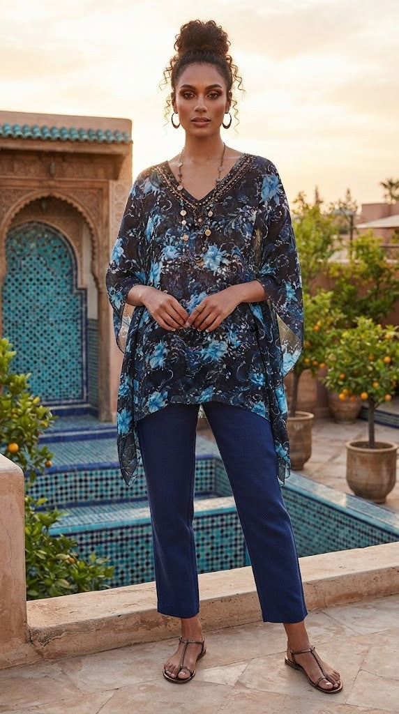 Blue Floral Embellished V-Neck Chiffon Shawl/Kaftan – Excellent Condition (Size 2XL)