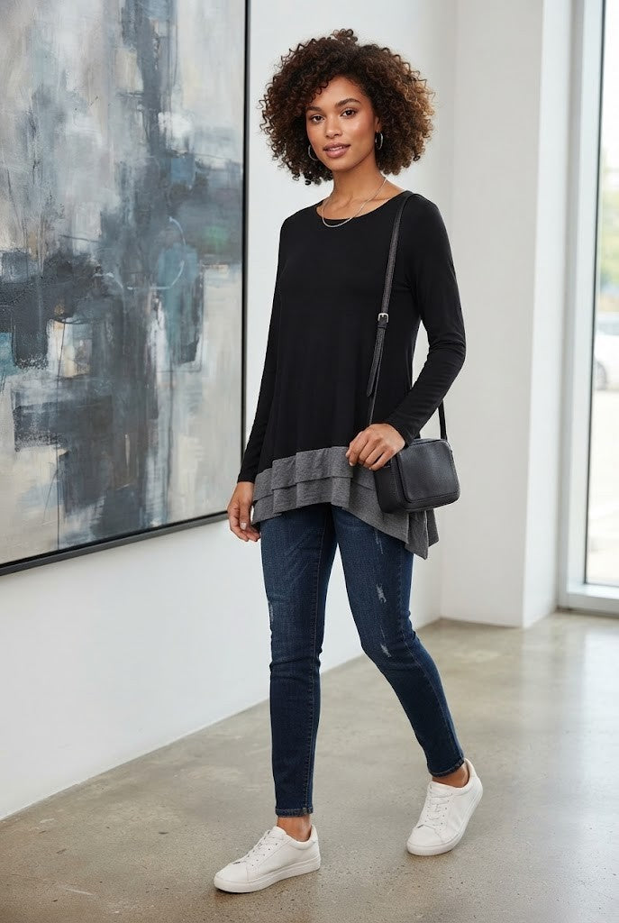 Black & Grey Layered Long-Sleeve Blouse – Size M (Excellent Condition)