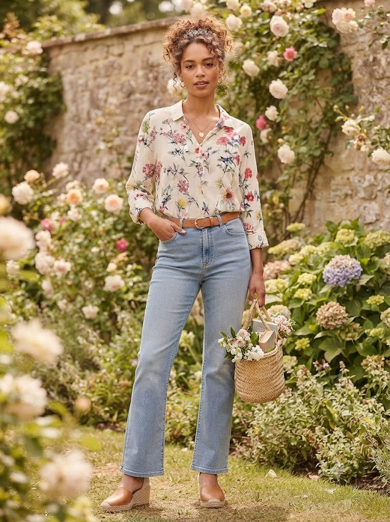 Floral Print V-Neck Relaxed Blouse - Size 44