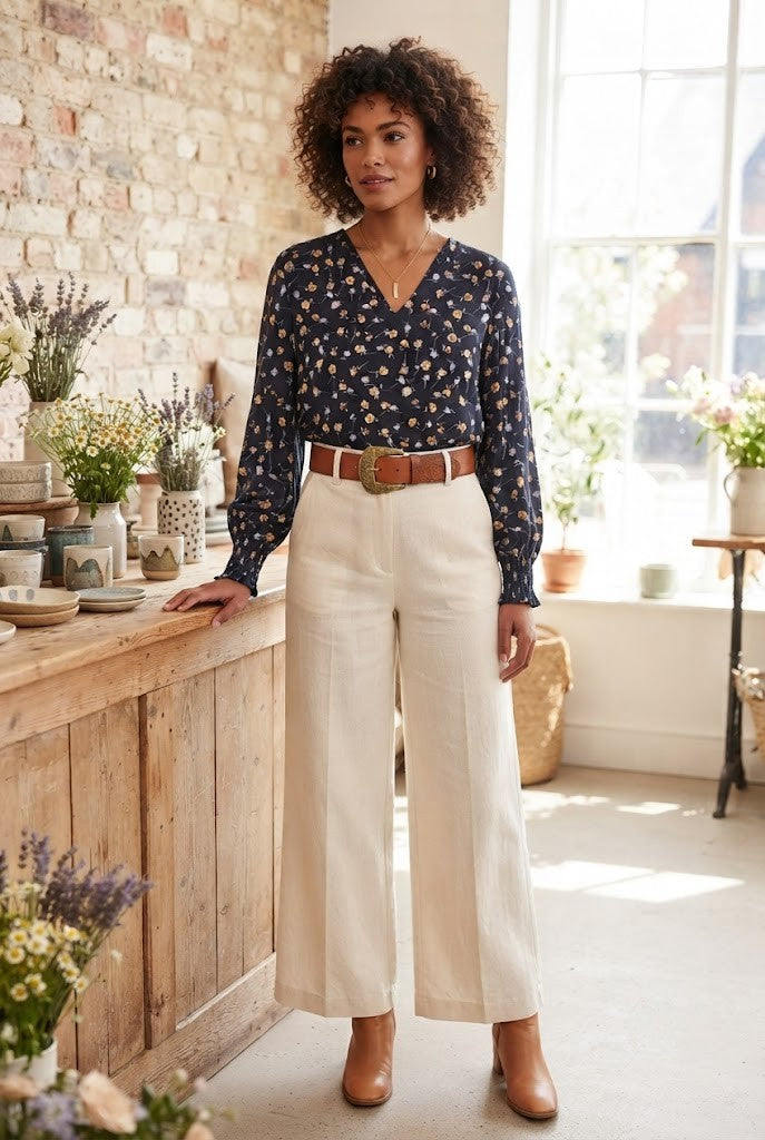 Chic Navy Floral V-Neck Blouse with Smocked Cuffs – Size 36