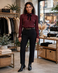 New Feeling Burgundy Pleated Blouse with Bow Tie - Size Small