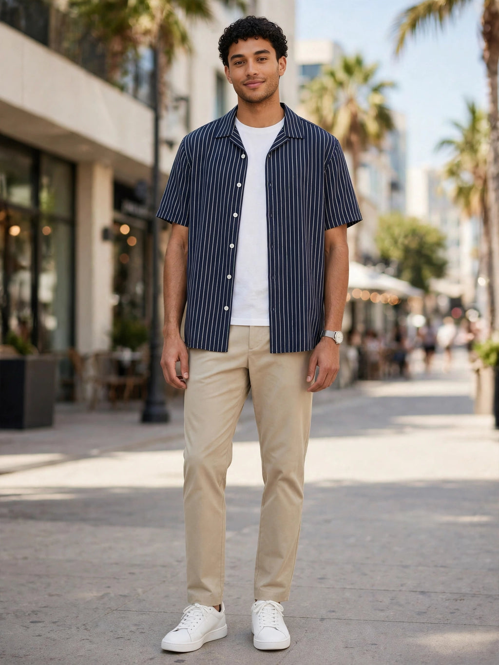 Vintage-Inspired Navy Pinstripe Bowling Shirt - Mens XL