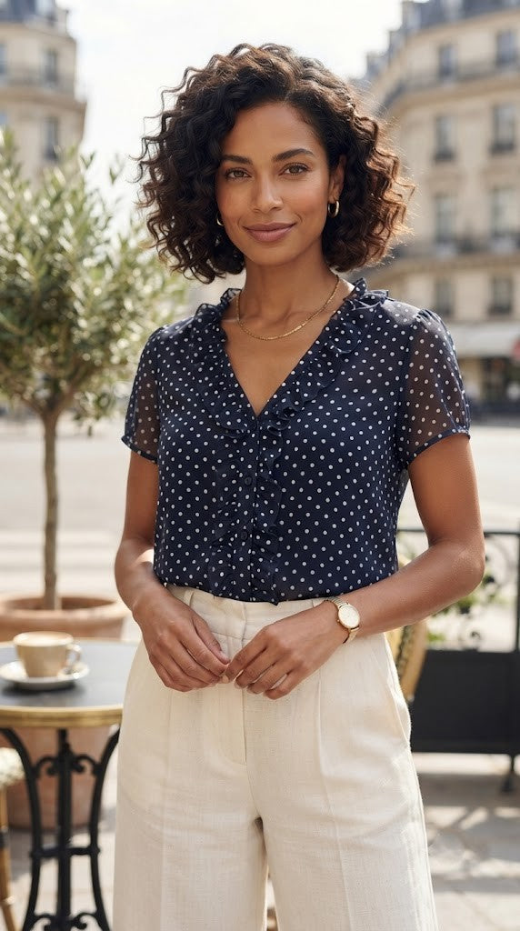 Pre-Loved Navy Polka Dot Ruffled Blouse – Size Medium