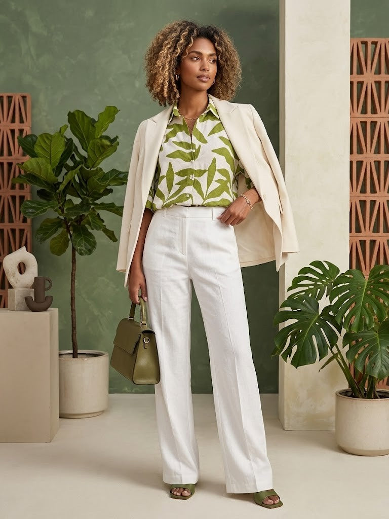 Foschini Green & White Leaf Print Button-Down Blouse - Size Large