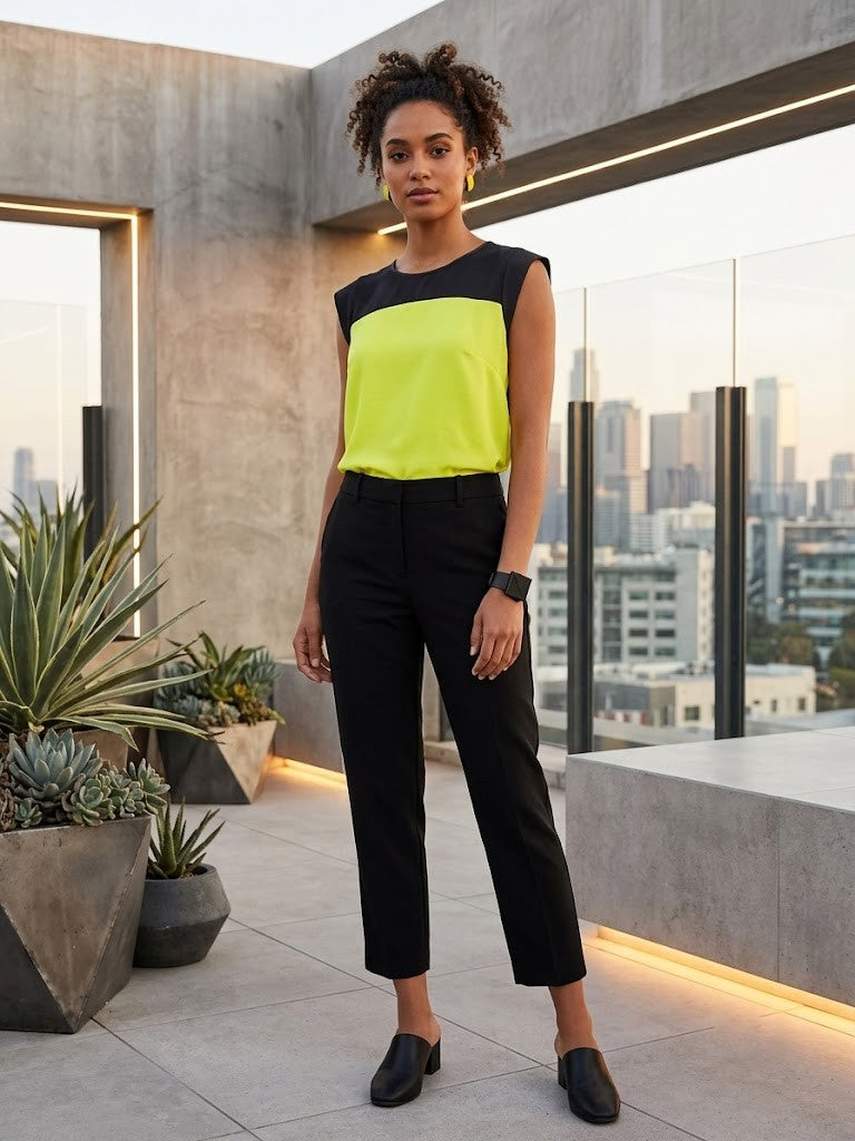 Colour-Block Contrast Blouse – Modern Neon & Black – Size Large