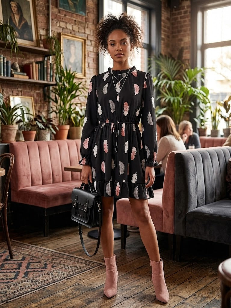 David Jones Feather Print Long Sleeve Mini Dress - Size XL, Excellent Condition