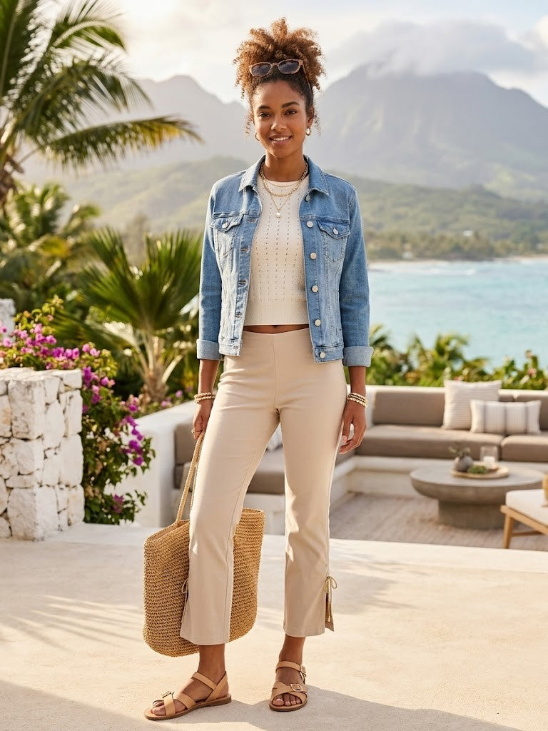 Trends Women’s Beige Cropped Pants with Side Tie Detail – Size 34