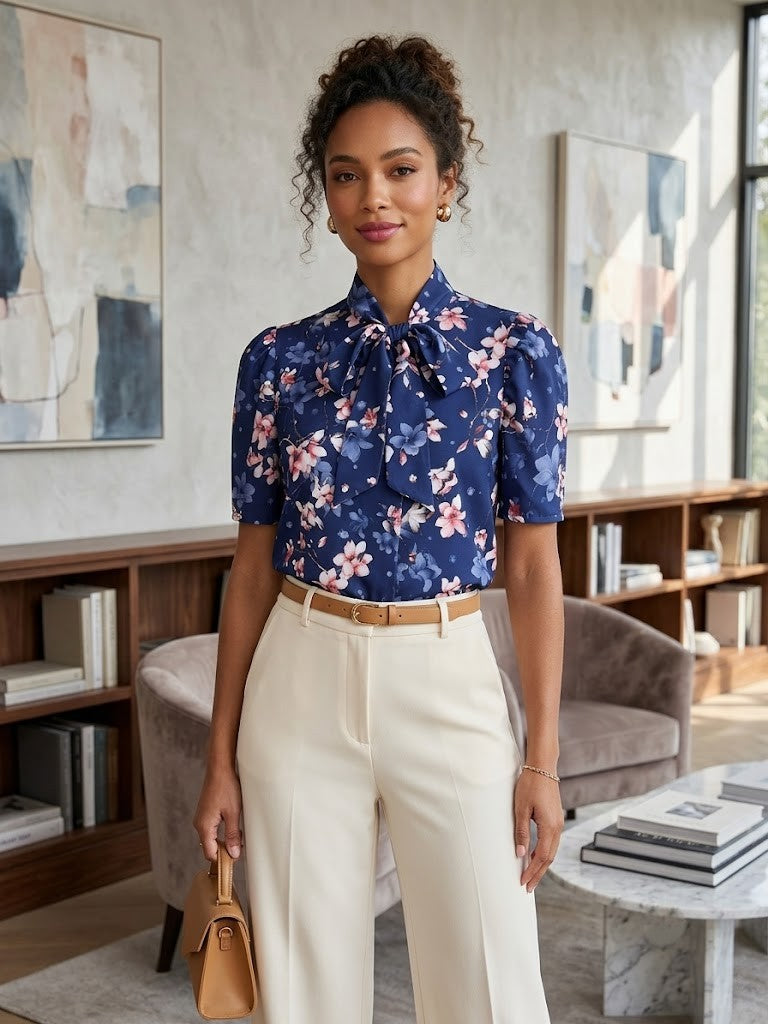 Navy Blue Floral Bow-Tie Blouse - Size Medium